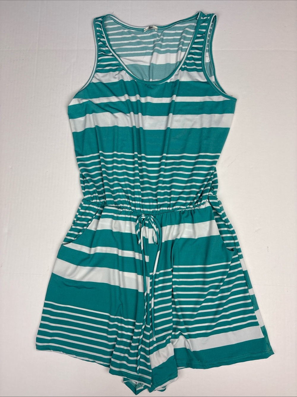 Egs Women Large Romper Short Teal Green White Stripes Sleeveless Polyester Blend